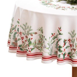 Elrene Home Fashions Winter Holiday Berry Bordered Tablecloth, Decorative Christmas Table Cover, 60" X 84", Oval, Multi Color