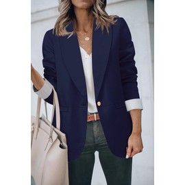 Genhoo Women's Open Front Long Sleeves Work Blazer Casual Buttons Jacket Suit Blazers Deep Blue Size X-Large