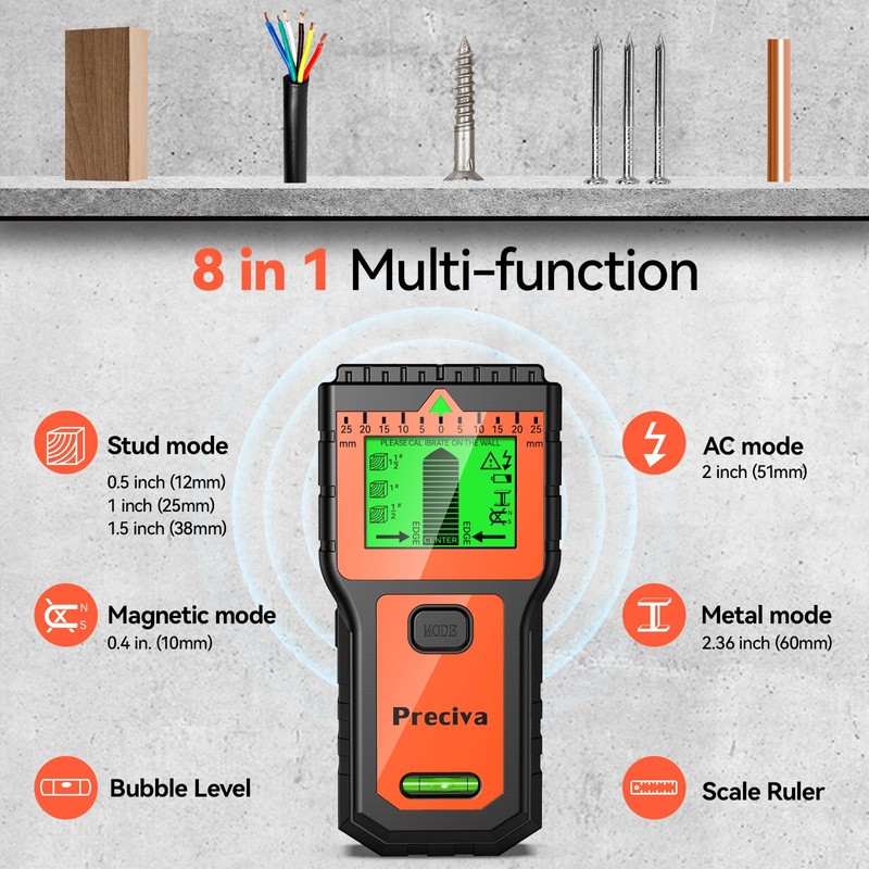 Stud Finder, Preciva Wall Scanner-8 in 1 Multifunctional Wall Detector