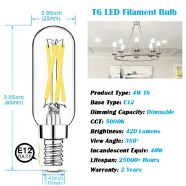 Mlambert 12 Pack Dimmable T6 LED Bulbs,4W Equal 40W e12 Candelabra Bulb 5000K,Clear 4W E12 Edison Light Bulb for Chandelier