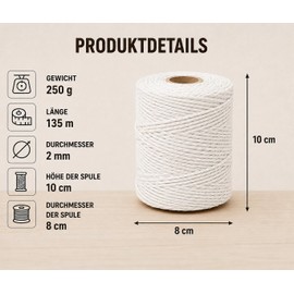 Kitchen Yarn 250 g | Food-Grade Cotton Cord 2 mm | Butcher Yarn for Tying Meat, Roasts and Poultry | Cooking Yarn, Twine for Kitchen, Grilling, Baking and DIY