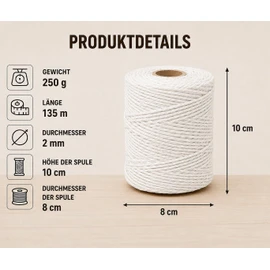 Kitchen Yarn 250 g | Food-Grade Cotton Cord 2 mm | Butcher Yarn for Tying Meat, Roasts and Poultry | Cooking Yarn, Twine for Kitchen, Grilling, Baking and DIY