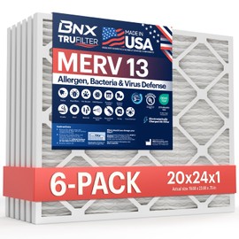 BNX TruFilter 20x24x1 Air Filter MERV 13 (6-Pack) - MADE IN USA - Electrostatic Pleated Air Conditioner HVAC AC Furnace Filters for Allergies, Pollen, Mold, Bacteria, Smoke, Allergen, MPR 1900 FPR 10