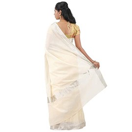 Kolakeer Women's Kerala Cotton Kasavu Saree - 6.25 Mtrs Onam Saree With Running Blouse (Silver Zari Border)