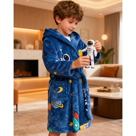 ECGK Boys Robe Kids Hooded Fleece Bathrobe Flannel Pajamas Soft Sleepwear 2-16 Years Blue Astronaut 6-8 Years