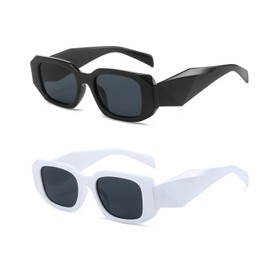 BEIBXHQQ 2 Pieces of Angular Cut Sunglasses, Rectangular Sunglasses, Irregular Sunglasses, Hip Hop Disco Glasses, 90s Retro Square Frames (Black, White)