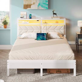Seventable Bed Frame Queen Size with Charging Station, LED Bed with Upholstered Storage Headboard, Metal Platform Bed with Under Bed Storage, No Box Spring Needed, Noise Free, Easy Assembly, White