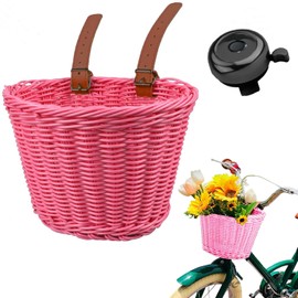 CEASELESLY Children's Bicycle Basket, Handlebar Basket, Woven Mini Bicycle Basket, Bicycle Basket Girls Front, with 2 Adjustable Leather Straps, Bicycle Bell, for Bicycle, Balance Bike, Front Basket