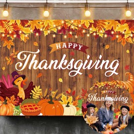 Happy Thanksgiving Banner Backdrop 7x5FT Autumn Maple Leaf Pumpkin Turkey Thanksgiving Backgound Fall Harvest Family Friends Gathering Party Decorations Supplies Photo Props