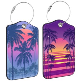 2 Pack Luggage Tag for Suitcase Sunset with Palm Trees Leather Suitcase Tags with Privacy Name ID Label and Stainless Steel Loop for Travel Bag