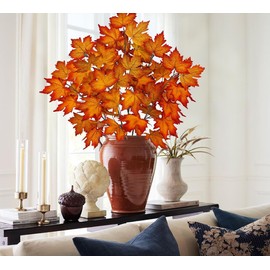 GnFlus 35.4 inch Artificial Orange Maple Leaves Branch Fake Maple Shrubs Faux Fall Branches for Home Floral Arrangement Autumn Festival Thanksgiving Fall Leaf Decor-5 Pack