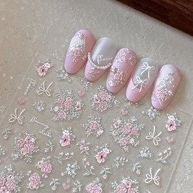 Flower Nail Stickers 2 Sheets 5D Embossed Cherry Blossom Pink Nail Decals Self Adhesive Nail Art Accessories Stickers para uñas for Creative Nail Design Nail Art Stickers Decorative Nail Wraps