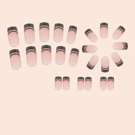 Square Press on Nails Medium French Tip Fake Nails with Glitter Powder Black Stripe False Nails Full Cover Acrylic Nails Artificial Coffin Nails Reusable DIY Stick on Nails Set Glue on Nail for Women