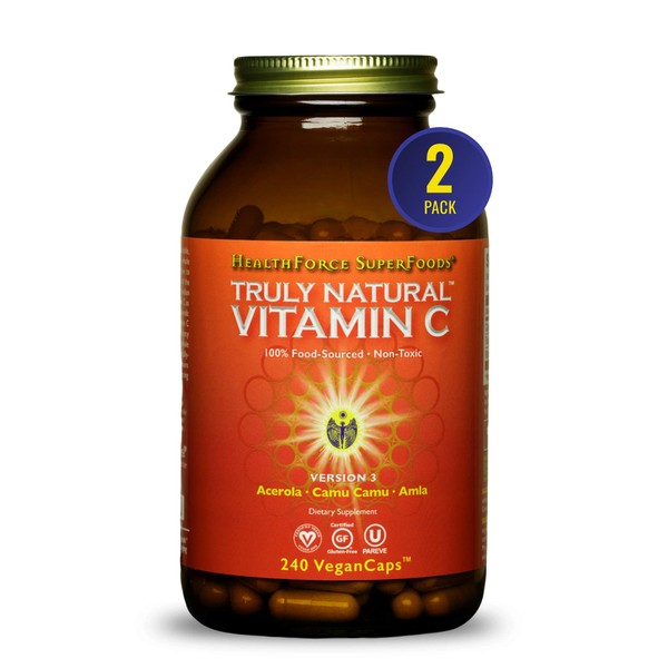 HEALTHFORCE SUPERFOODS Truly Natural Vitamin C - 240 VeganCaps (Pack of 2) - Whole Food Vitamin C from Acerola Cherry Powder & Camu Camu Fruit - Immune Support - Vegan, Gluten-Free - 60 Servings
