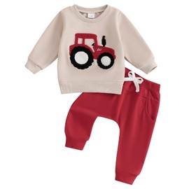 Ayalinggo Toddler Baby Boy Clothes Fall Winter Tractor Embroidery Sweatshirt Pant Farm Outfit 3 6 12 18 24 Months 2 3 Years, Red, 12-18 Months
