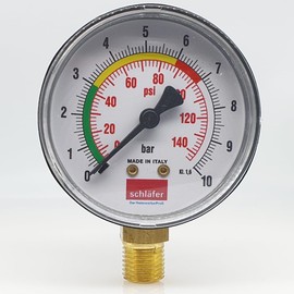 Schläfer 0930168 | Pressure gauge for closed heating systems, display range: 0-10 bar, connection from below, type 1/4 inch, pressure gauge 10 bar, diameter 63 mm, scale in bar and psi housing, class: