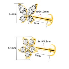 VERAMI 2PCS 16G Surgical Steel Pushin Flower Lip Rings Butterfly Nose Stud Rings Top Push in Threadless Flat Back Nose Rings Studs Cartilage Earrings for Womens…