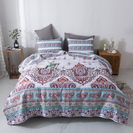 DaDa Bedding Bohemian Paisley Floral Bedspread Set - Cozy Coconut White Beach Vibes - Reversible Bright Vibrant Colorful Quilted Coverlet Pillow Shams - Turquoise Blue Red Orange - Cal King - 3-Pieces