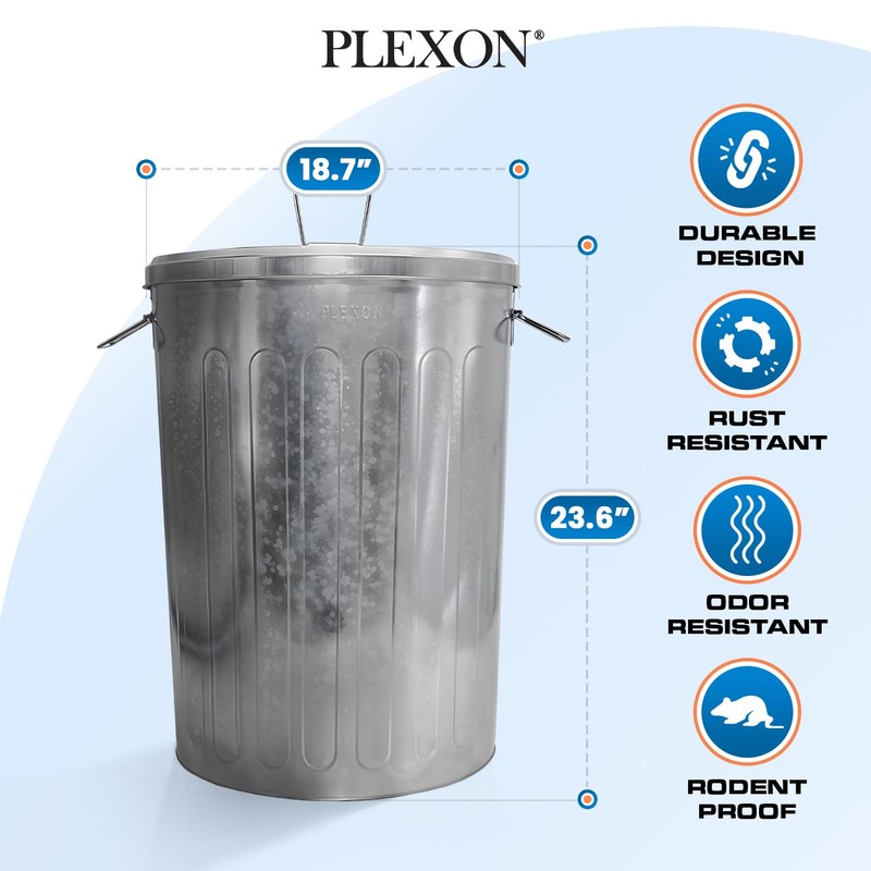 Plexon Outdoor Metal Trash Can with Lid, Galvanized Steel Outside