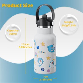 Exllena 350ml Kids Water Bottles Made of 304 Stainless Steel BPA Free - 100% Leakproof - Childrens Water Bottle with Straw and Handle Lid - Easy to Use for Girls Boys (Sharks)