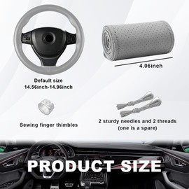 Ziciner Genuine Leather Steering Wheel Cover, Stitch on Wrap, Breathable Anti-Slip Car Steering Wheel Protector for Max Diameter 15 Inch, DIY Sewing with Needles Thread (Gray, Hole)