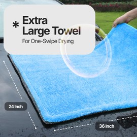 Microfiber Towels for Cars - 1300GSM X Large Size Double Twisted Loop 2pcs - 70/30 Blend Quick Dry High Absorbent Edgeless Streak Free - Car Drying Towel for Detailing 24x36″ & 12x12 (Grey+Aqua Blue)