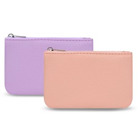 KALIONE 2 Pack Coin Purse, Portable PU Leather Coin Purse with Zipper Coin Purse Mini Change Purse Small Coin Purse for Women Credit Card Folded Bills ID Key Headset Lipstick(Pink&Purple)