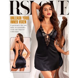 RSLOVE Women's Sexy Negligee Satin Night Dress with Spaghetti Straps Lace V-Neck, black