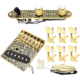 Jiuwu 6 Strings Saddle Bridge Plate 3 Way Switch Control Plate with Neck Pickup Tuner Pegs Set for TL Electric Guitars Replacement Parts - Golden