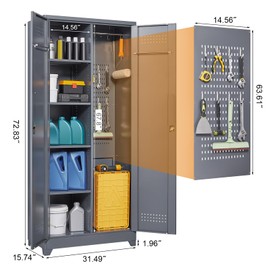 GREATMEET 65" H Metal Storage Cabinet with Pegboard,Grey Broom and Mop Utility Cabinet for Home,Kitchen,Garage