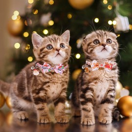 ADOGGYGO Pink Christmas Cat Collar with Bowtie Bell, 2 Pack Christmas Kitten Collar with Removable Bow, Pink Pet Christmas Collars for Female Cat Kitten (Christmas)