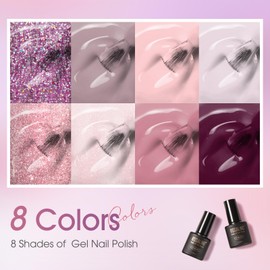 ROSALIND Pink Purple Gel Nail Polish Set, 8 Colors Pink Glitter Gray Gel Polish, Gentle Pink Elegant Purple Classic Gel Polish Collection Nail Art Gift DIY at Home