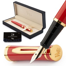 Wordsworth & Black Fountain Pen Set, 18K Gilded Broad Nib, Includes 24 Pack Ink Cartridges, Ink Refill Converter & Gift Box, Gold Finish, Calligraphy, [Crimson Red], Perfect for Men & Women
