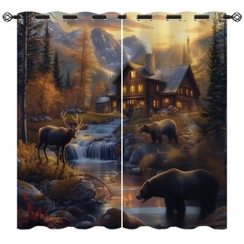 Rustic Cabin Blackout Curtains for Girls Boy Home Decor, Vintage Lodge Bear Moose Deer Country Grommet Thermal Insulated Drapes Darkening Window Curtain for Bedroom Living Room, 42 x 45 Inch