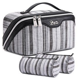 BOYATU Travel Makeup Bag for Women: Large Capacity Open Flat Make up Bag Set of 3 - Vegan Leather Cosmetic Bag with Compartments - Waterproof Toiletry Bag with Handle & Divider(I-2-Black)