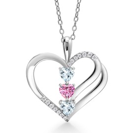 925 Sterling Silver Sky Blue Aquamarine and Pink Moissanite and White Moissanite 3-Stone Pendant Necklace For Women (0.85 Cttw, Gemstone March Birthstone, Heart Shape 4MM, with 18 Inch Silver Chain)