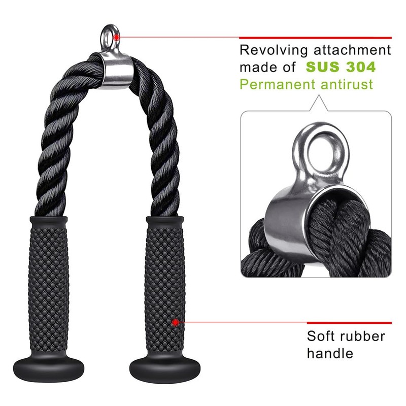 Kipika Cable Machine Attachments, 28” Tricep Rope, 12" LAT Pull