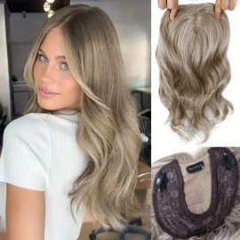 Large Base Toppers Hair Pieces for Women Full Volume Middle Part Clip in Bangs Synthetic Wavy Hair Topper for Daily Wearcolor: H613, stretched length: 14inches, toupee size: 6x6