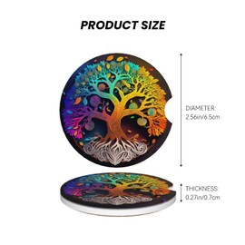 Car Coaster for Cup Holders,Life Tree Coaster 2PCS Absorbent Ceramic Coaster for Drinks, Cute Car Assecories for Women Men, Universal Size 2.56" with Finger Notch & Cork Base for Easy Removal