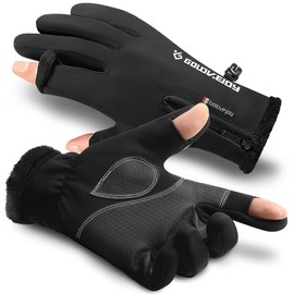 Outdoor Gloves, Fishing Gloves, Cold Protection, Men's (360° Cold Insulation, 2022 Latest Waterproof Enhancement) [Opening/Closing Type, 2-Finger Out Makes Fine Work Easy] Thermal Gloves, Bike Gloves, Fleece Lined, Anti-Slip, Touch Panel Compatible, Lost