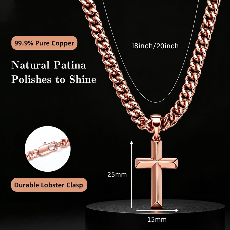 Copper Necklace for Men Women, 99.9% Pure Copper Cross Necklace,