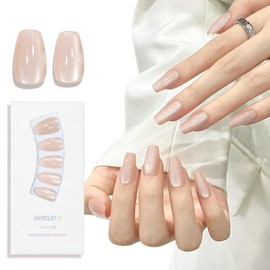 Cat Eyes Press On Nails,12 Sizes-24 Pcs Soft Gel Champagne Medium Coffin Fake Nails Kit with Nail Glue, Natural Reusable Stick On False Nails for Women and Girls (Skycloud Golden Yellow Nails) SK0823