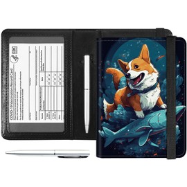 Passport and Vaccine Card Holder Combo, PU Leather RFID Blocking Passport Holder Cover Case for Women, Travel Passport Wallet Leather Case with Elastic Band, with Pen, Cute Corgi A