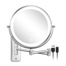 DECLUTTR Wall Mounted Lighted Makeup Mirror, Rechargeable 1X/15X Magnifying Mirror 8 Inch Double Sided, 3 Colors Vanity Mirror with Lights, Touch Dimmable 360° Rotation Foldable