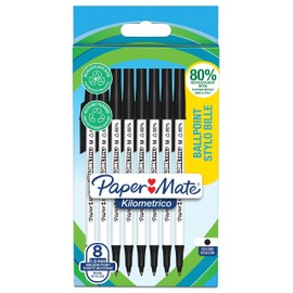 Paper Mate Kilometrico Kugelschreiber | lange Schreibdauer mit mittlerer Spitze (1,0 mm) | schwarze Tinte | 80 % recyceltes Plastik | 8 Stück