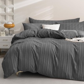 JELLYMONI Dark Gray Duvet Cover Queen Size - 3PCS Microfiber Tufted Duvet Cover Set, Boho Striped Tufted Textured Duvet Cover with Corner Ties & Zipper Closure