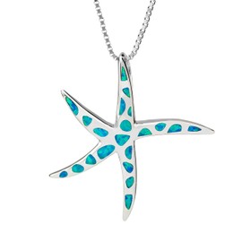 Aloha Jewelry Company Sterling Silver Created Blue Opal Starfish Necklace Pendant with 18" Box Chain