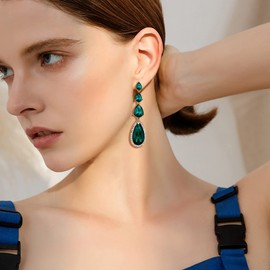 BriLove Wedding Bridal Earrings for Women Multi Teardrop Long Chandelier Dangle Pierced Emerald Color Gold Tone