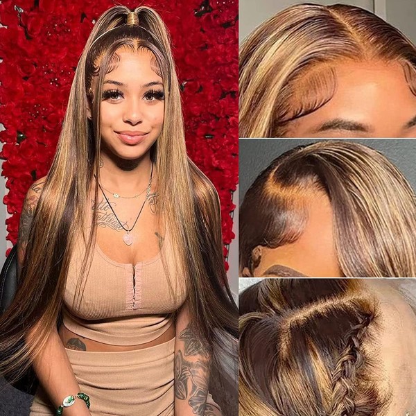 180% Density Ombre Highlight 13x4 HD Lace Front Wigs 24 inch Brazilian Straight Human Hair MSGEM 4/27 Highlight Transparent Straight Hair Lace Front Wigs for Black Women Pre Plucked With Baby Hair