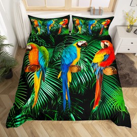 Parrot Bedding Set Single Size Watercolor Animal Feather Duvet Cover Set Palm Leaf Duvet Cover Tropical Plant Birds Quilt Cover Comforter Cover And 1 Pillow Case For Bed Room